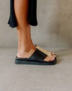 Жени двуцветна черна слонова кост Alohas toe ring flop - черни и бели кожени сандали NVPD222 - Image 3